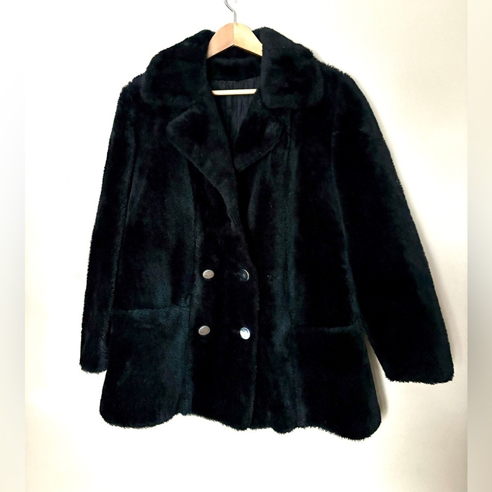 SEARS Fashions black faux fur pea coat double breasted MOD glam vintage sz L EUC